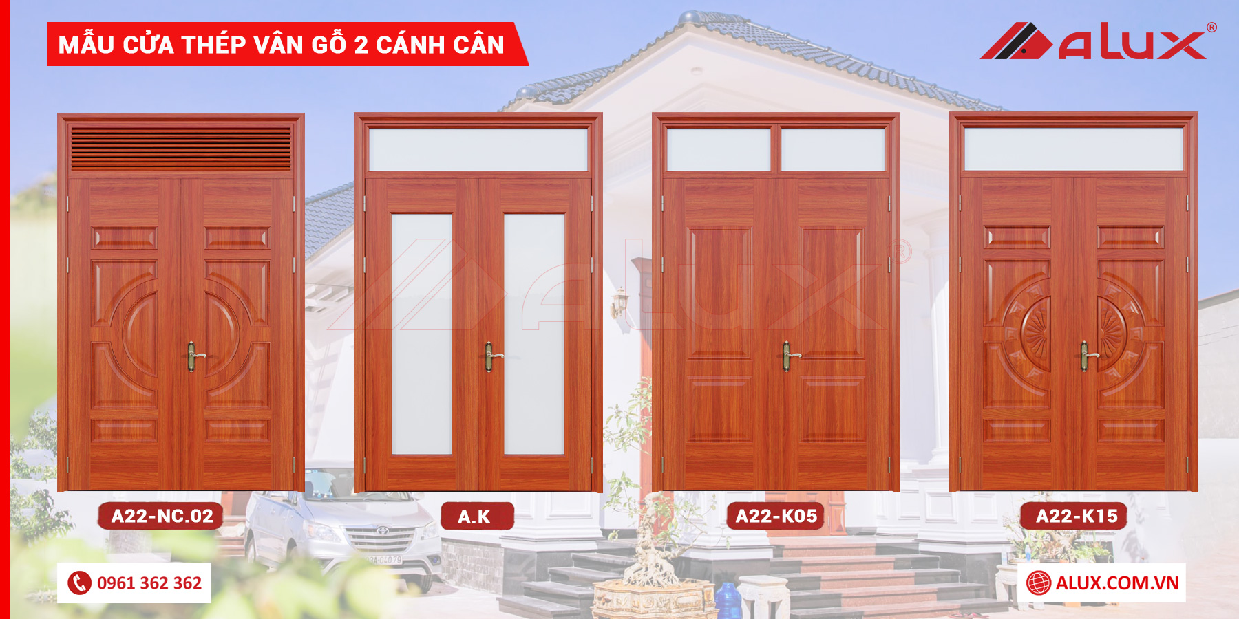 Mẫu cửa thép vân gỗ 2 cánh Alux