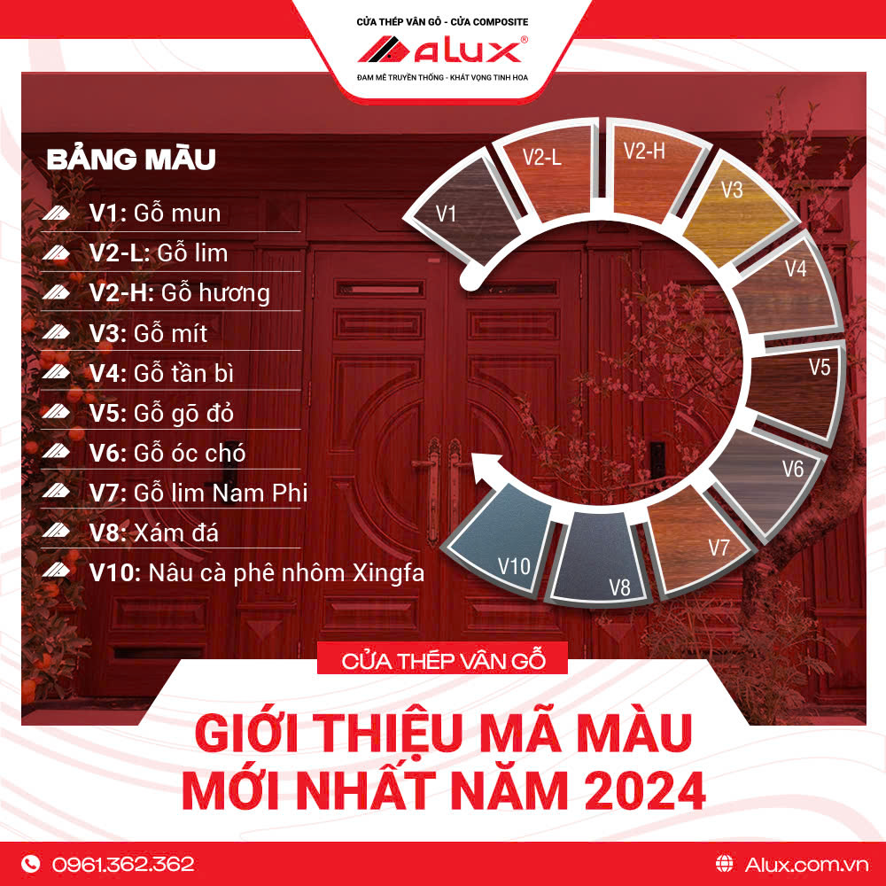 Bảng màu cửa thép vân gỗ Alux