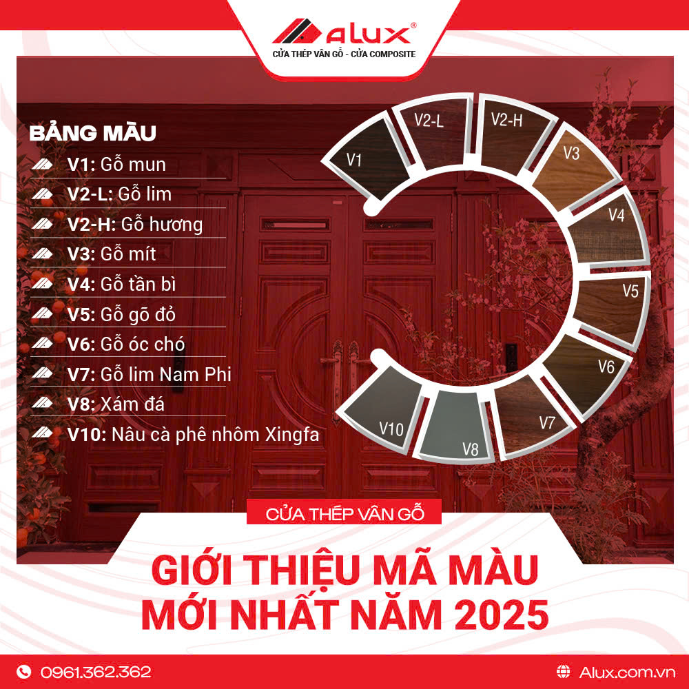 Bảng màu cửa thép vân gỗ Alux