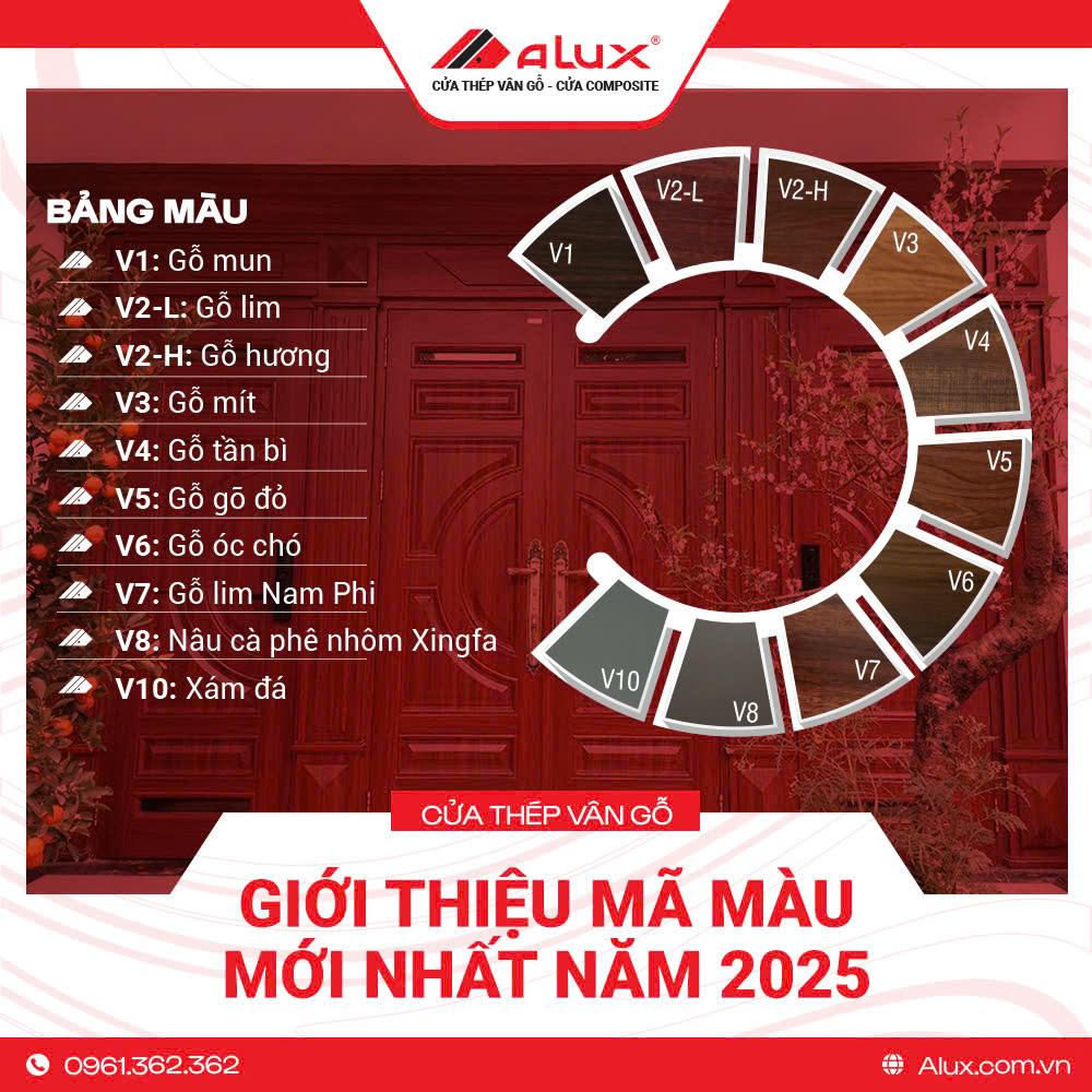 Bảng màu cửa thép vân gỗ Alux