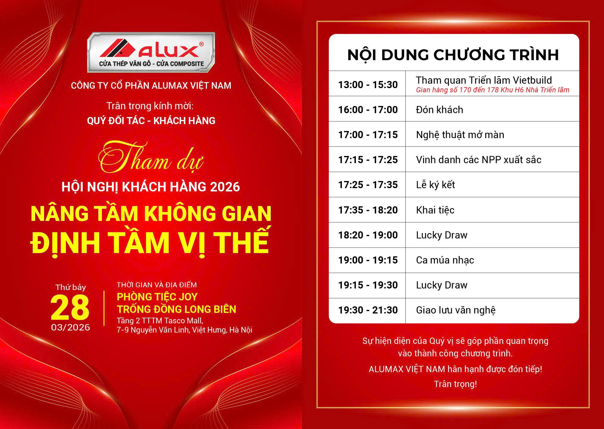 THÔNG BÁO TỔ CHỨC HỘI NGHỊ KHÁCH HÀNG ALUX 2026