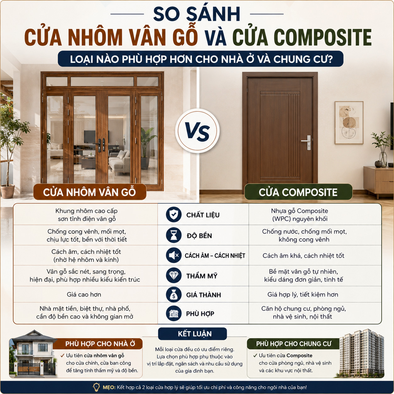 So sánh cửa nhôm vân gỗ và cửa Composite: Loại nào phù hợp hơn cho nhà ở và chung cư?