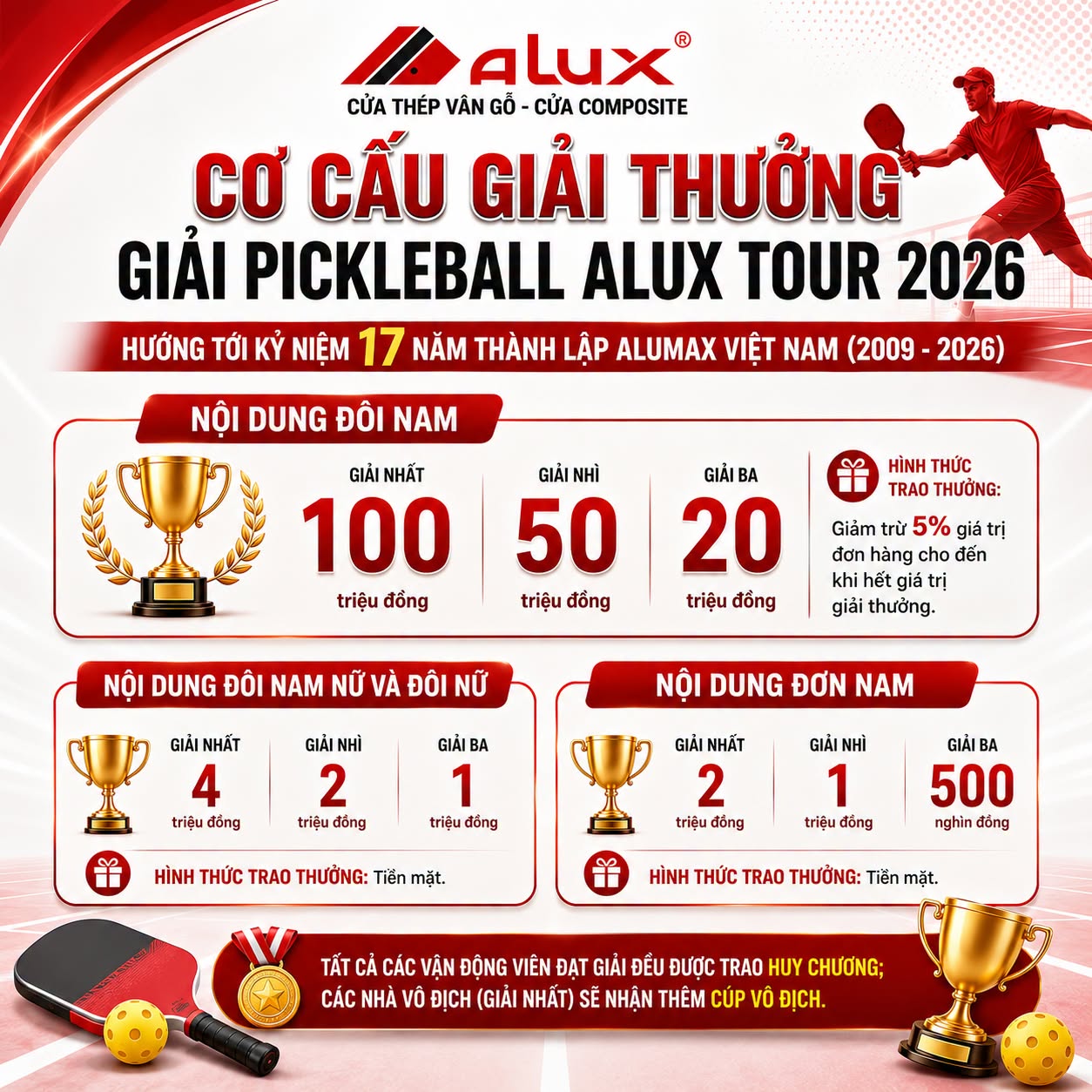 CÔNG BỐ CƠ CẤU GIẢI THƯỞNG GIẢI PICKLEBALL ALUX TOUR 2026