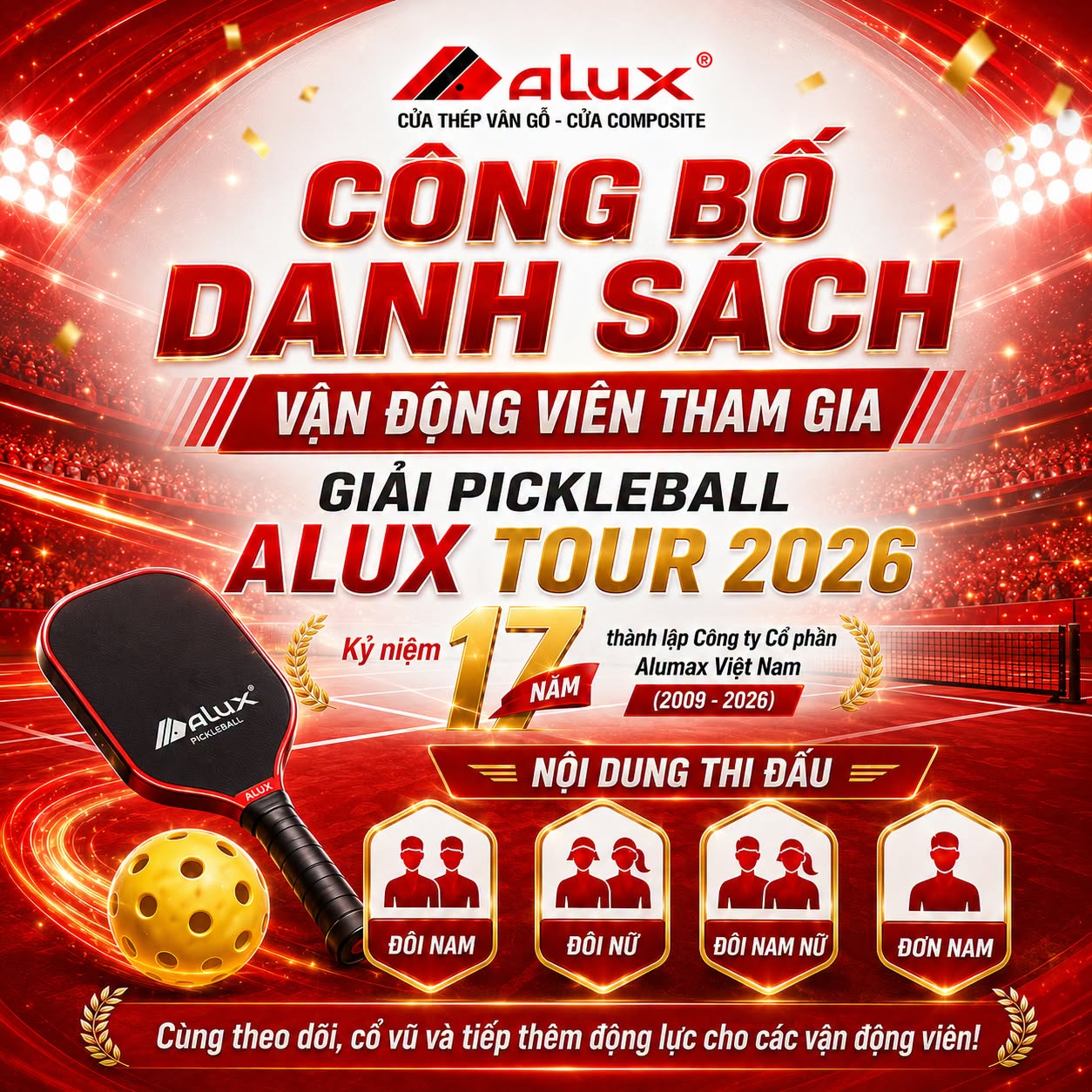 CÔNG BỐ DANH SÁCH VẬN ĐỘNG VIÊN THAM GIA GIẢI PICKLEBALL ALUX TOUR 2026
