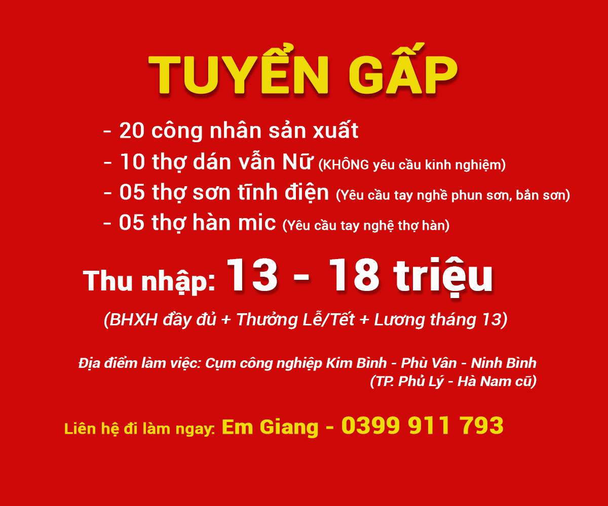 Tuyển dụng công nhân sản xuất tại Nhà máy Hà Nam