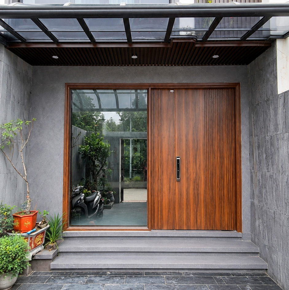 Bộ cửa thép vân gỗ Alux phong cách hiện đại cho nhà phố