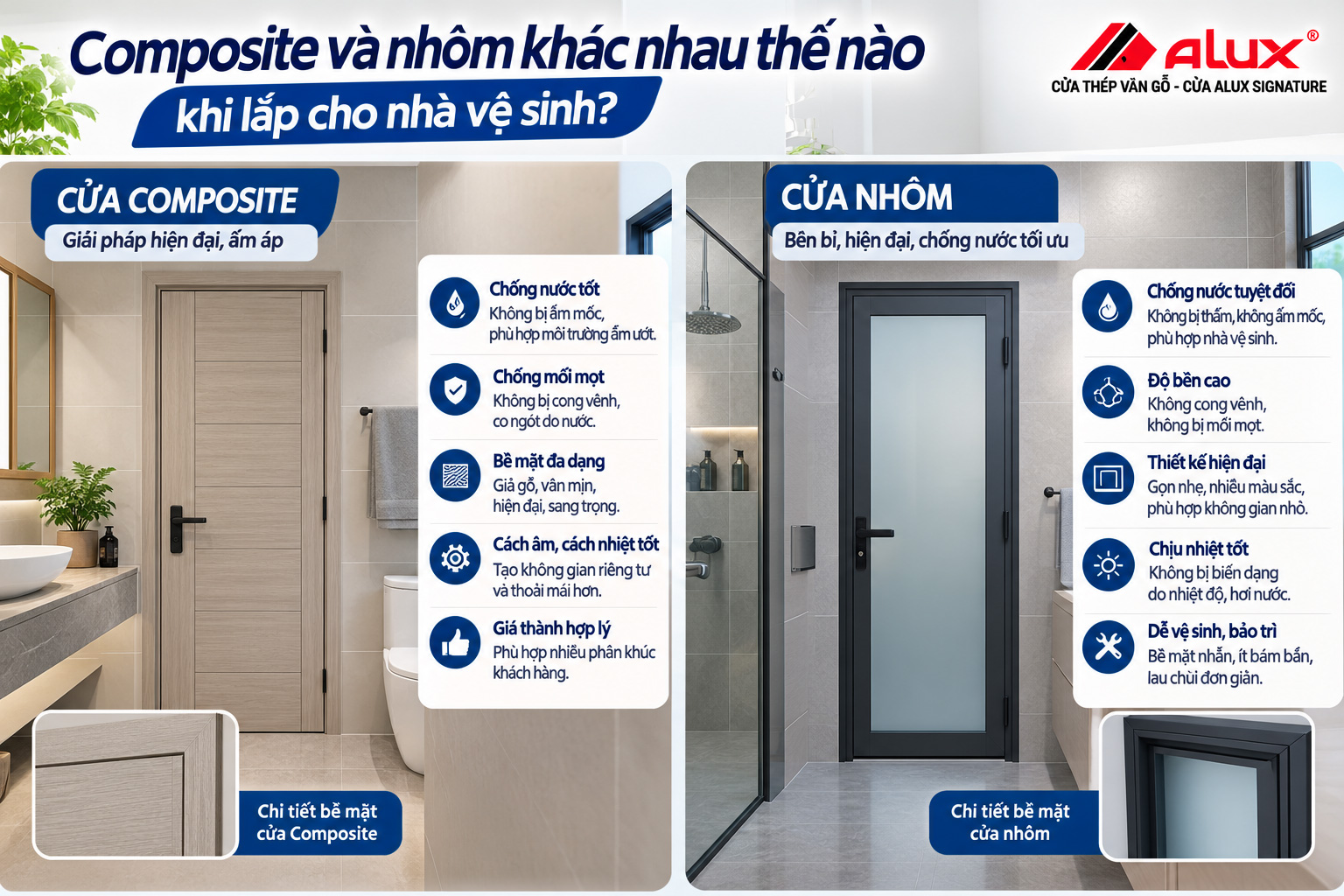 Composite và nhôm khác nhau thế nào khi lắp cho nhà vệ sinh?