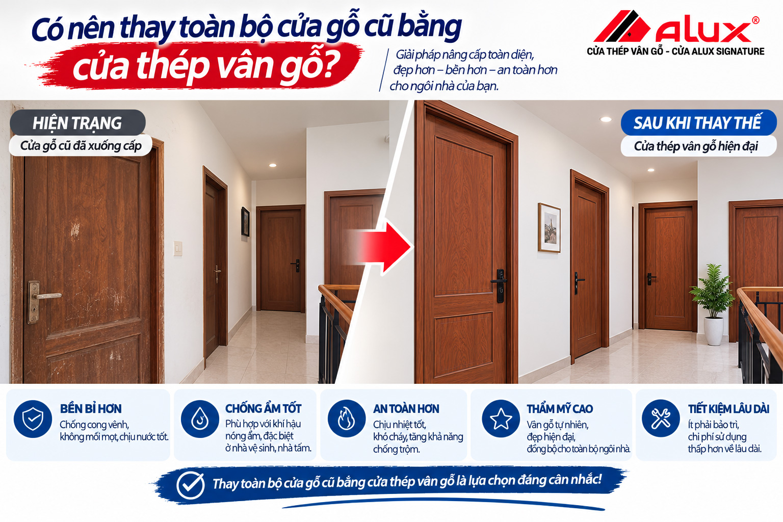 Có nên thay toàn bộ cửa gỗ cũ bằng cửa thép vân gỗ?